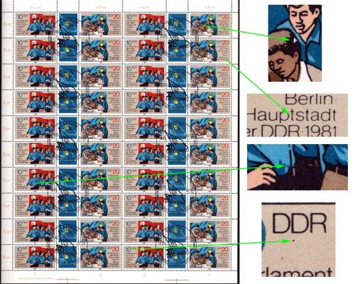 DDR 1981 Parlament der FDJ, 4 Plattenfehler 2609/10 ZD-Bogen DV 1 Sonderstempel