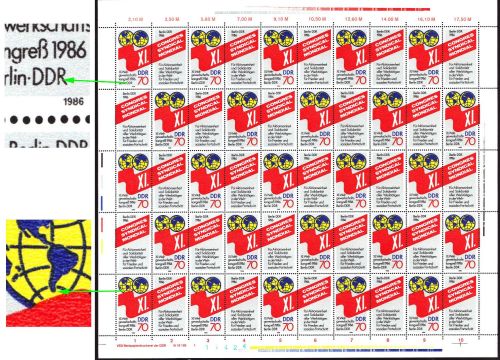DDR 1986 Weltgewerkschaft mit 2 Plattenfehlern 3049 ZD-Bogen DV 1 postfrisch