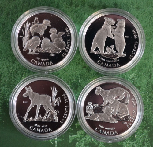 Kanada 1996 4 x 50 Cent Silber Tierkinder Bär Elch Enten KM 283/86, PP (m1289)