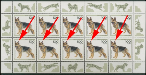 Bund 1995 Hunde Kleinbogen mit 5 x Plattenfehler 1799 I postfrisch (G15103)