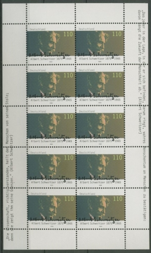 Bund 2000 125 Geb. von Albert Schweitzer Kleinbogen 2090 K postfrisch (C15439)