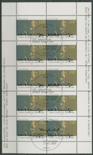 Bund 2000 125 Geb. von Albert Schweitzer Kleinbogen 2090 K gestempelt (C15440)
