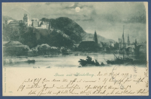 Gruß aus Heidelberg Blick über d. Neckar Mondscheinkarte, gelaufen 1899 (AK1128)