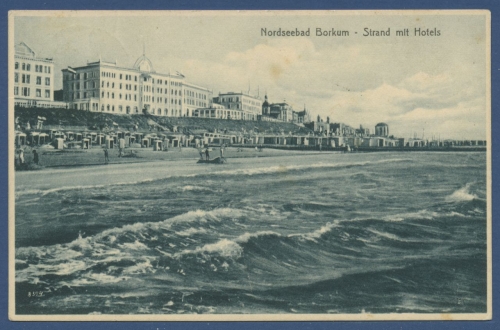 Nordseebad Borkum Strand mit Hotels, gelaufen 1927 (AK1254)