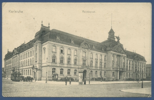 Karlsruhe Reichspost Litfaßsäule Straßenbahn, gelaufen 1915 Feldpost (AK1333)