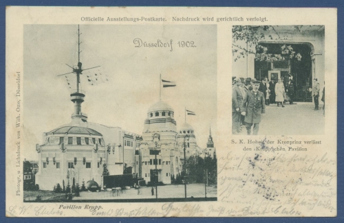 Düsseldorf Ausstellungs-Postkarte Pavillon Krupp, gelaufen 1902 (AK1286)