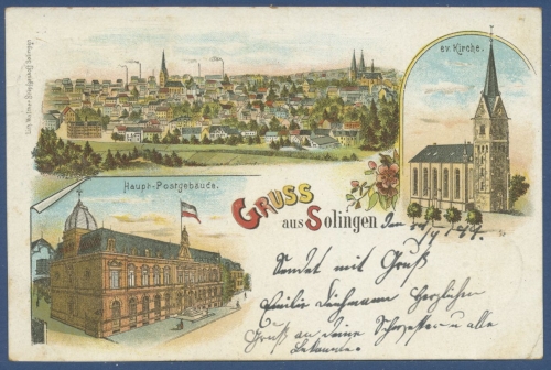 Gruss aus Solingen Postgebäude Kirche Gesamtansicht, gelaufen 1899 (AK1283)