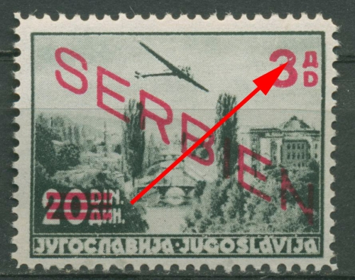 Serbien 1941 Flugpostmarke mit Aufdruck mit Plattenfehler 27 I postfrisch