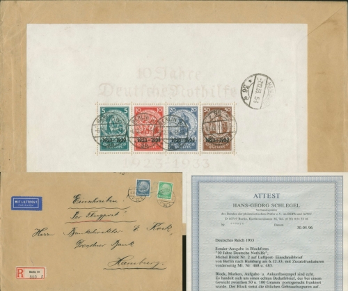 Deutsches Reich 1933 10 Jahre Nothilfe Block 2 auf LUPO-R-Brief geprüft Attest
