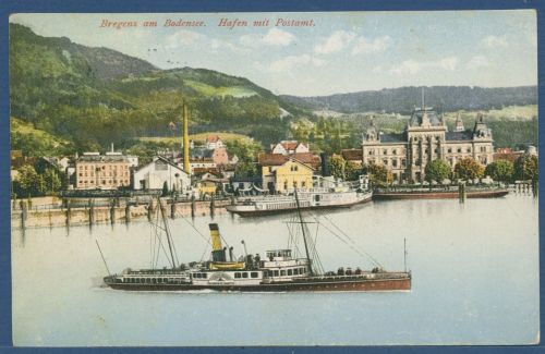 Bregenz am Bodensee Hafen mit Postamt, gelaufen, Marke fehlt (AK5861)