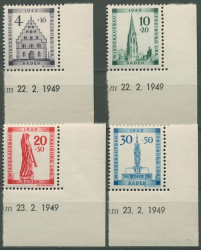 Französische Zone: Baden 1949 Wiederaufbau Ecke m. Druckdatum 38/41 A postfrisch