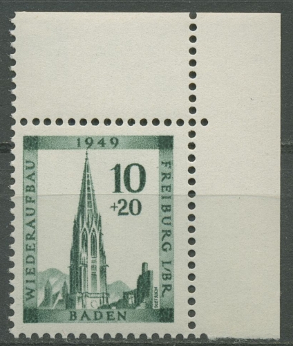 Französische Zone: Baden 1949 Wiederaufbau 39 A Ecke aus Block postfrisch