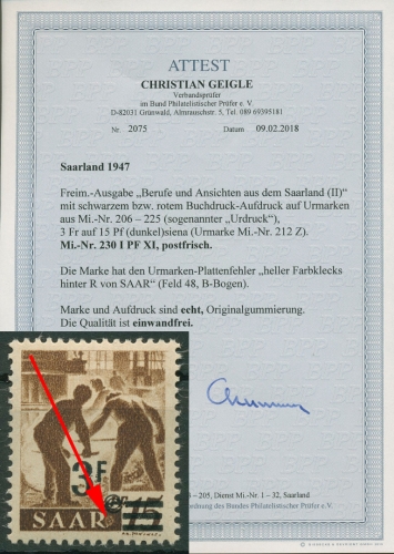Saarland 1947 Arbeiter Urdruck Plattenfehler 230 Z I PF XI postfrisch geprüft