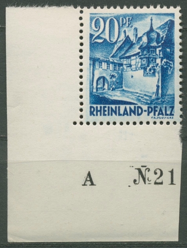 Französische Zone: Rheinland-Pfalz 1947 Type I, 7 yv aI Ecke u. links postfrisch