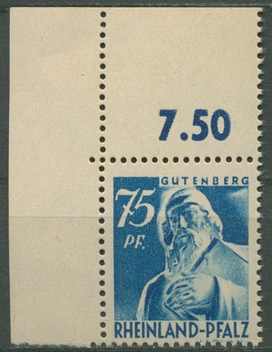 Französische Zone: Rheinland-Pfalz 1947 Type I, 13 vv Ecke o. links postfrisch