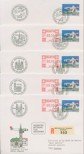 Schweiz 1988 5 verschiedene Sonderflugpostbelege PRO AERO mit Nr. 1369 (X16639)