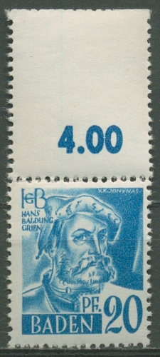 Französische Zone: Baden 1947 Hans Baldung mit Leerfeld 7 yv L postfrisch
