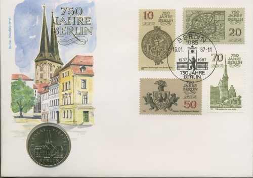 DDR 1987 Numisbrief 750 Jahre Berlin mit 5 Mark Nikolaiviertel 3023/26 (X16675)