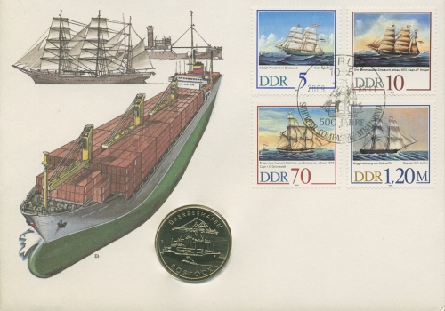 DDR 1988 Numisbrief Stralsund mit 5 Mark Überseehafen, 3198/3201 (X16678)