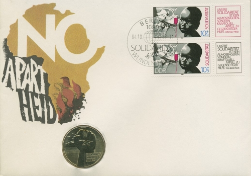 DDR 1988 Numisbrief Anti-Apartheid mit 5 Mark und 3202 a+b (X16679)