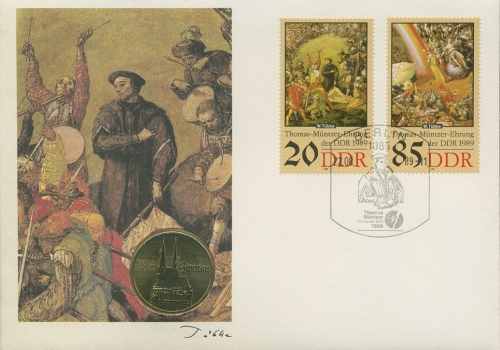 DDR 1989 Numisbrief Thomas Müntzer mit 5 Mark Zwickau, 3271, 3273 (X16681)