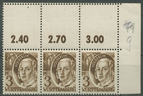 Französische Zone: Württemberg 1947 3er-Streifen mit Leerfeldern 2 L postfrisch