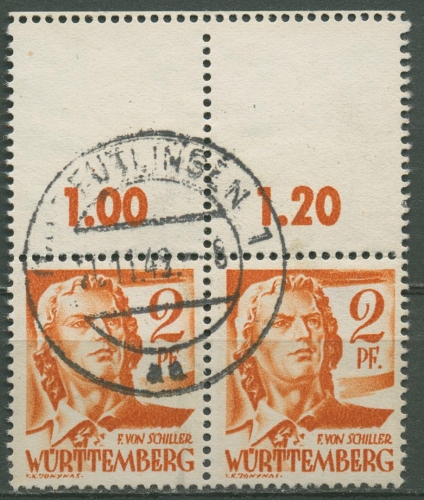 Französische Zone: Württemberg 1948 Paar mit Leerfeldern 14 L gestempelt
