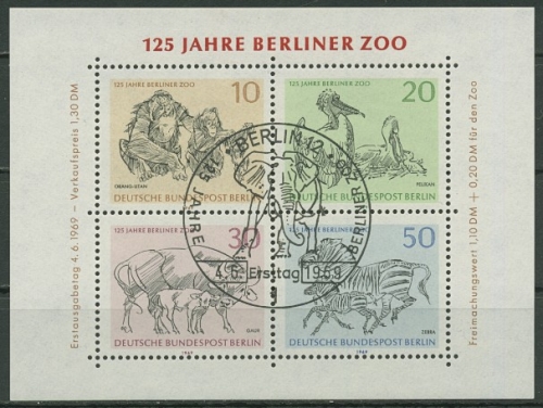 Berlin 1969 125 Jahre Berliner Zoo Block 2 Ersttagssonderstempel ESST (C16734)