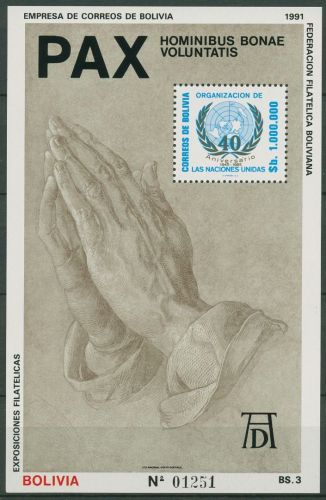Bolivien 1991 Frieden Betende Hände von Dürer Block 195 postfrisch (C42686)