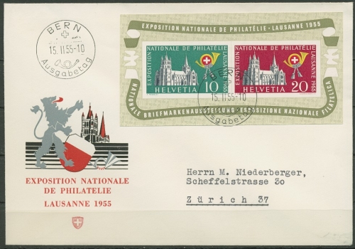 Schweiz 1955 Briefmarken-Ausstellung Lausanne Ersttagsbrief Block 15 FDC f