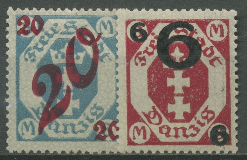 Danzig 1922 Freimarken Kleines Staatswappen mit Aufdruck 106/07 mit Falz