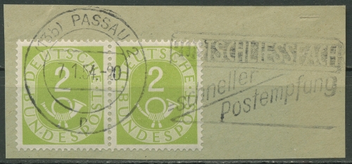 Bund 1951 Posthorn Bogenmarken 123 waagerechtes Paar gestempelt, Briefstück