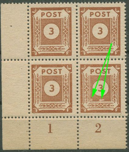 SBZ Ost-Sachsen 1945 Ziffern Plattenfehler 56 a XIX im 4er-Bl. Ecke 3 postfrisch