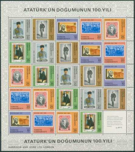 Türkei 1981 100. Geb. von Kemal Atatürk 2551/56 ZD-Bogen postfrisch (SG6745)