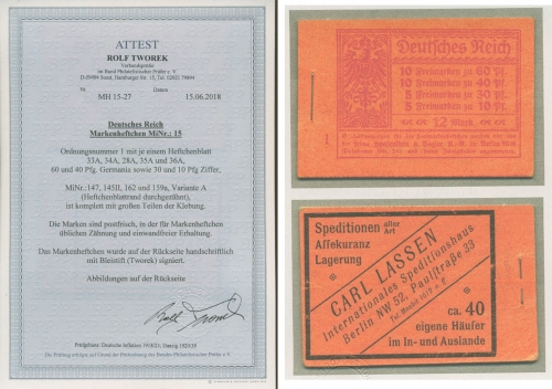 Dt. Reich 1921 Markenheftchen Germania und Ziffern MH 15 A postfrisch geprüft