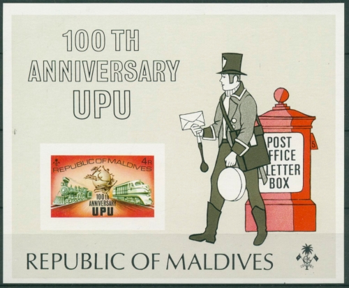 Malediven 1974 100 J. Weltpostverein UPU Eisenbahn Block 25 B postfrisch (C6979)