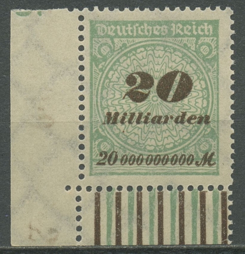 Deutsches Reich Inflation 1923 Walzendruck Ecke unt. links 329 A W UR postfrisch
