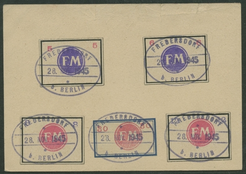 Fredersdorf 1945 Behelfsmarken Sp 246/49 + Sp 255 gestempelt auf Karte