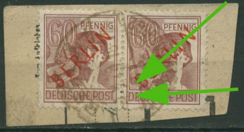 Berlin 1949 60 Pfennig Rotaufdruck Plattenfehler a. Urmarke 31 f 76 Briefstück