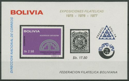 Bolivien 1975 Briefmarkenausstellung Block 49 postfrisch (C42690)