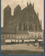 Prenzlau Marienkirche Schuhhaus Ehrmann Fleischerei, gelaufen Feldpost (AK1882)