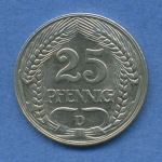 Deutsches Reich 25 Pfennig 1912 D, Kursmünze Nickel J 18, vz/st (m2141)