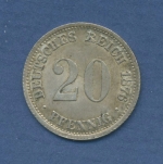 Deutsches Reich 20 Pfennig 1876 D, Kursmünze Silber, J 5, vz+ (m2177)