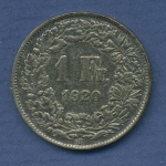 Schweiz 1 Franken 1920 B, Stehende Helvetia, KM 24 ss-vz bunte Patina (m2539)