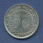 Deutsches Reich 50 Pfennig 1938 G, Kursmünze Nickel J 324 fast st (m2643)