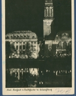 Kiel Rathaus und Stadttheater bei Beleuchtung, gelaufen 1943 (AK3830)