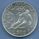 San Marino 500 Lire 1988 Olympia Skifahrer, Silber, KM 216 vz/st (m4434)