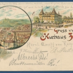 Stuttgart Litho Gruß v. Kurhaus Zorn Gänsheide Restaurant gelaufen 1899 (AK84)