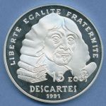 Frankreich 100 Francs/15 Ecu 1991 René Descartes, Silber KM 1002 PP (m4667)