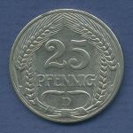 Deutsches Reich 25 Pfennig 1909 D, Kursmünze Nickel, J 18, fast vz (m3774)